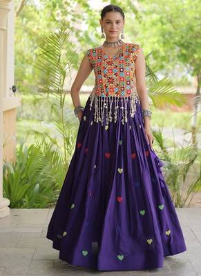 Kora Cotton Navratri Lehenga Choli with Thread Embroidery Gamthi Mirror Work & Latkan - free size 1