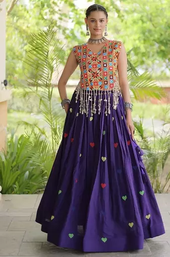 Kora Cotton Navratri Lehenga Choli with Thread Embroidery Gamthi Mirror Work & Latkan - free size