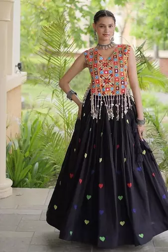 Kora Cotton Navratri Lehenga Choli with Thread Embroidery Gamthi Mirror Work & Latkan - free size