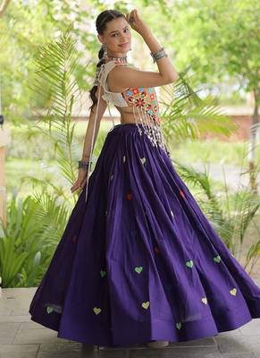 Kora Cotton Navratri Lehenga Choli with Thread Embroidery Gamthi Mirror Work & Latkan - free size 2