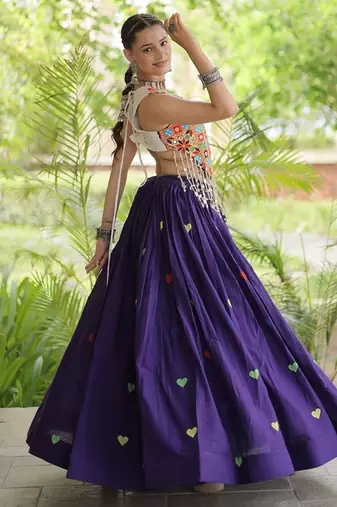 Kora Cotton Navratri Lehenga Choli with Thread Embroidery Gamthi Mirror Work & Latkan - free size