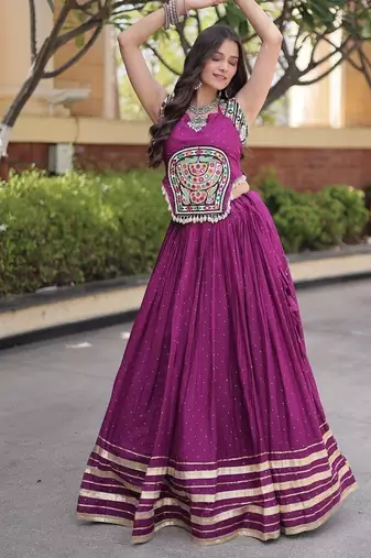 Reyon Mukesh Work Lehenga Choli with Gamthi Mirror Work & Patti Lace Full Stitched  Wedding Wear Lehenga Set