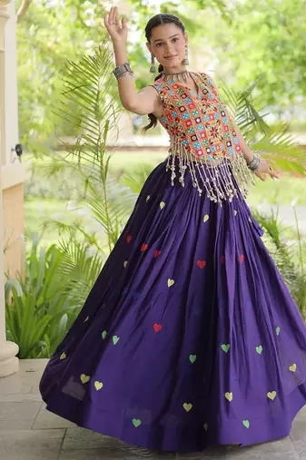Kora Cotton Navratri Lehenga Choli with Thread Embroidery Gamthi Mirror Work & Latkan - free size