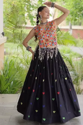 Kora Cotton Navratri Lehenga Choli with Thread Embroidery Gamthi Mirror Work & Latkan - free size