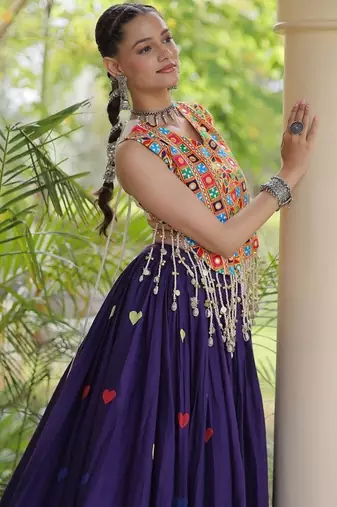 Kora Cotton Navratri Lehenga Choli with Thread Embroidery Gamthi Mirror Work & Latkan - free size