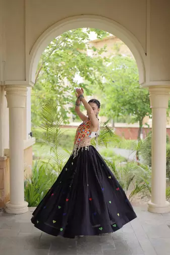 Kora Cotton Navratri Lehenga Choli with Thread Embroidery Gamthi Mirror Work & Latkan - free size
