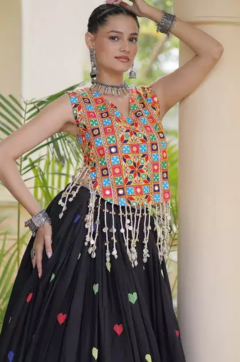 Kora Cotton Navratri Lehenga Choli with Thread Embroidery Gamthi Mirror Work & Latkan - free size