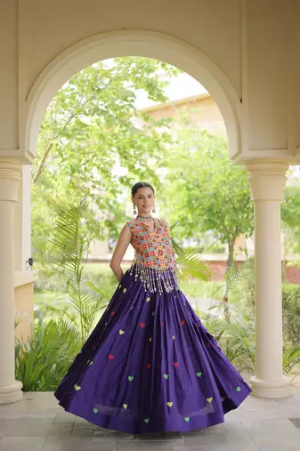 Kora Cotton Navratri Lehenga Choli with Thread Embroidery Gamthi Mirror Work & Latkan - free size