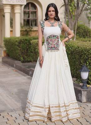 rayon Work Lehenga Choli with Gamthi Mirror Work & Patti Lace Full Stitched Wedding Wear Lehenga Set - free size 1