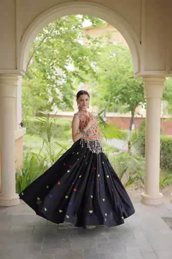 Kora Cotton Navratri Lehenga Choli with Thread Embroidery Gamthi Mirror Work & Latkan - free size