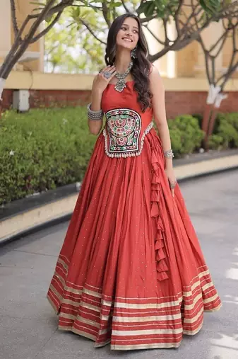 rayon Work Lehenga Choli with Gamthi Mirror Work & Patti Lace Full Stitched Wedding Wear Lehenga Set - free size