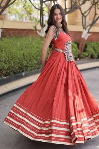 rayon Work Lehenga Choli with Gamthi Mirror Work & Patti Lace Full Stitched Wedding Wear Lehenga Set - free size