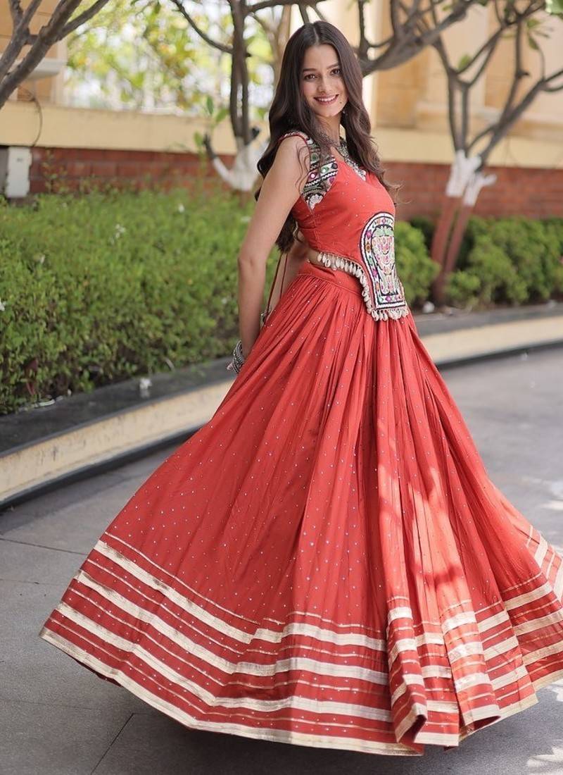 rayon Work Lehenga Choli with Gamthi Mirror Work & Patti Lace Full Stitched Wedding Wear Lehenga Set - free size