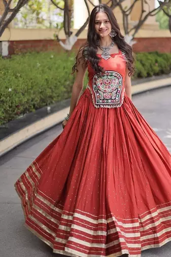 rayon Work Lehenga Choli with Gamthi Mirror Work & Patti Lace Full Stitched Wedding Wear Lehenga Set - free size