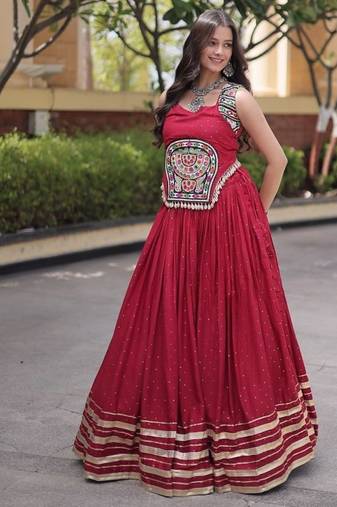 rayon Work Lehenga Choli with Gamthi Mirror Work & Patti Lace Full Stitched Wedding Wear Lehenga Set - free size