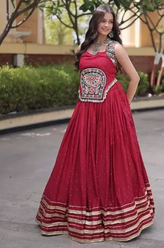 rayon Work Lehenga Choli with Gamthi Mirror Work & Patti Lace Full Stitched Wedding Wear Lehenga Set - free size