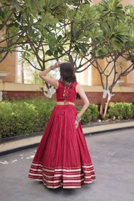 rayon Work Lehenga Choli with Gamthi Mirror Work & Patti Lace Full Stitched Wedding Wear Lehenga Set - free size 2