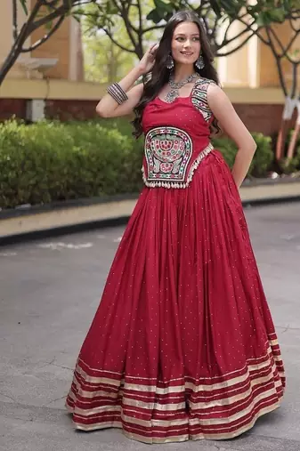 rayon Work Lehenga Choli with Gamthi Mirror Work & Patti Lace Full Stitched Wedding Wear Lehenga Set - free size