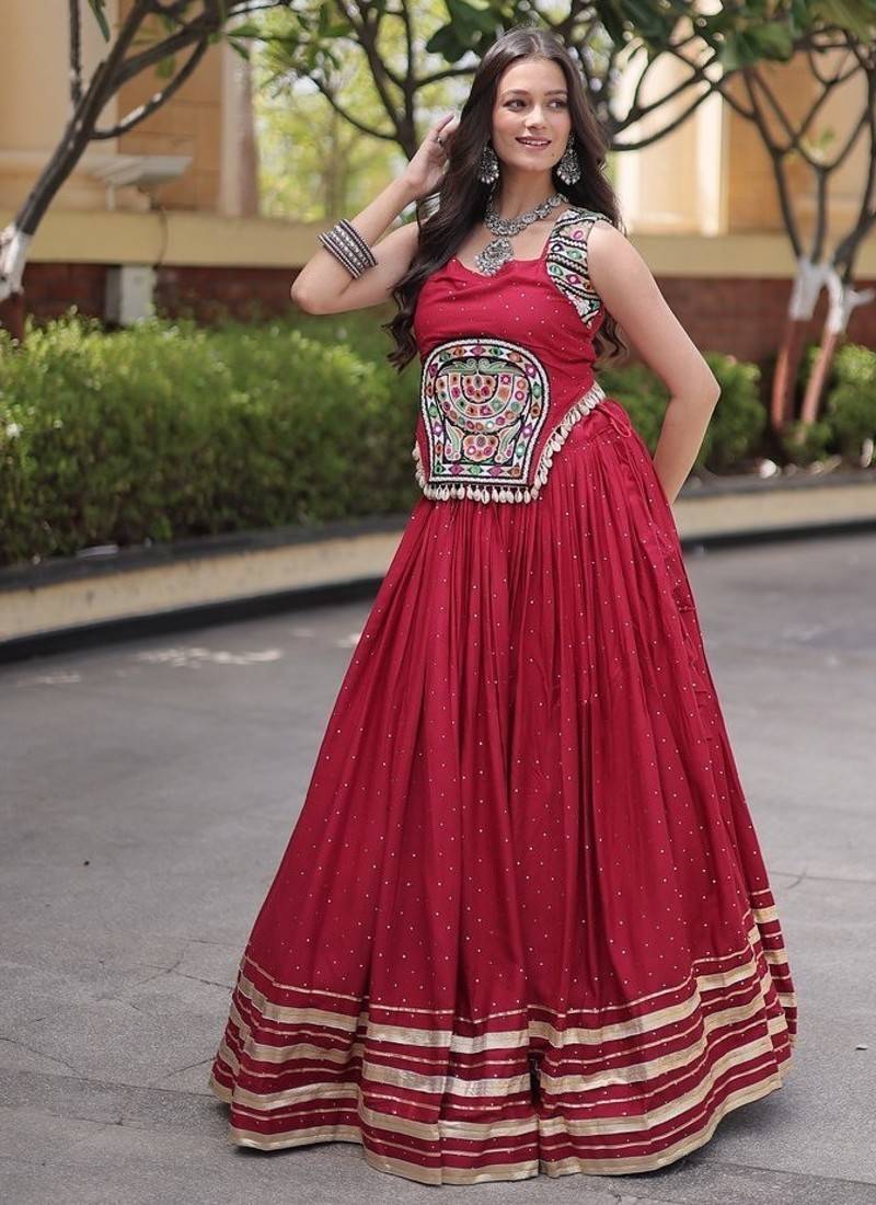 rayon Work Lehenga Choli with Gamthi Mirror Work & Patti Lace Full Stitched Wedding Wear Lehenga Set - free size