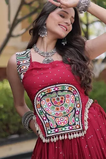 rayon Work Lehenga Choli with Gamthi Mirror Work & Patti Lace Full Stitched Wedding Wear Lehenga Set - free size