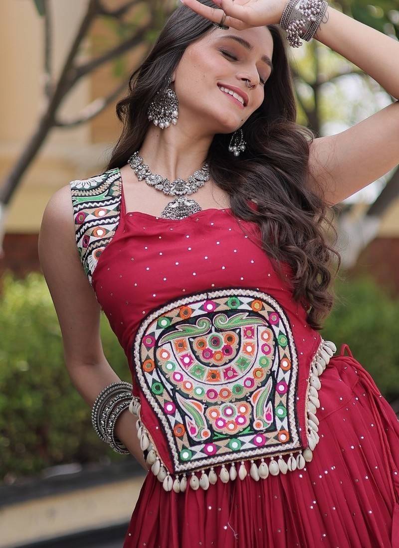 rayon Work Lehenga Choli with Gamthi Mirror Work & Patti Lace Full Stitched Wedding Wear Lehenga Set - free size