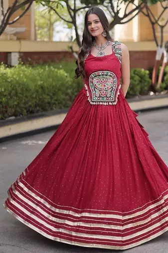 rayon Work Lehenga Choli with Gamthi Mirror Work & Patti Lace Full Stitched Wedding Wear Lehenga Set - free size