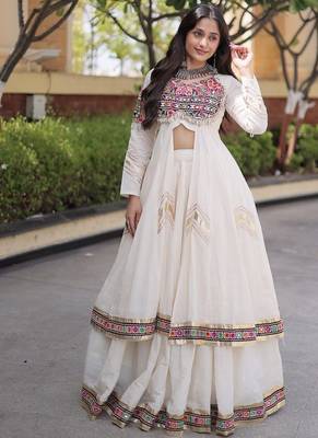 Kora Cotton Gamthi Gota Patti Mirror Work Lehenga Choli with Full Sleeves Shrug For Women - free size 1