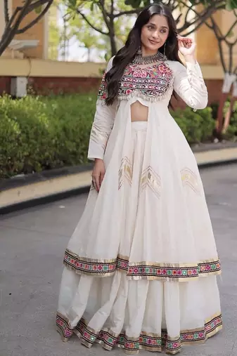 Kora Cotton Gamthi Gota Patti Mirror Work Lehenga Choli with Full Sleeves Shrug For Women - free size