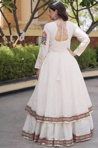 Kora Cotton Gamthi Gota Patti Mirror Work Lehenga Choli with Full Sleeves Shrug For Women - free size