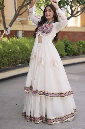 Kora Cotton Gamthi Gota Patti Mirror Work Lehenga Choli with Full Sleeves Shrug For Women - free size