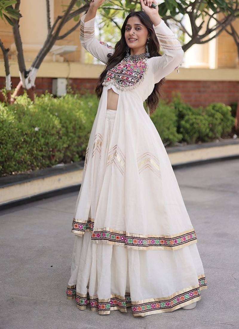 Kora Cotton Gamthi Gota Patti Mirror Work Lehenga Choli with Full Sleeves Shrug For Women - free size