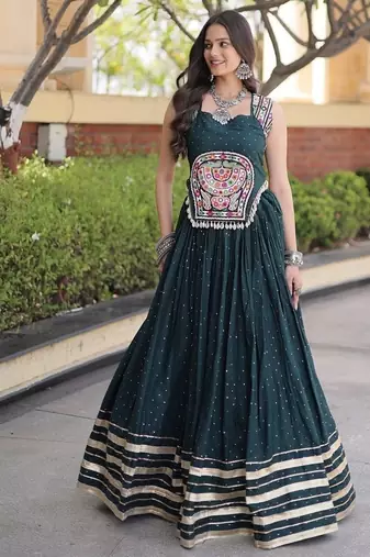 rayon Work Lehenga Choli with Gamthi Mirror Work & Patti Lace Full Stitched Wedding Wear Lehenga Set - free size