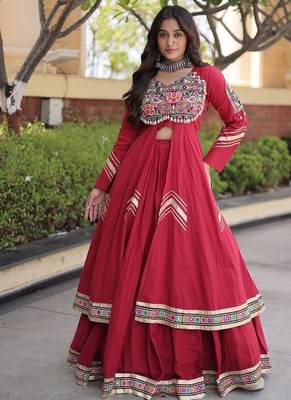 Kora Cotton Gamthi Gota Patti Mirror Work Lehenga Choli with Full Sleeves Shrug For Women - free size 1