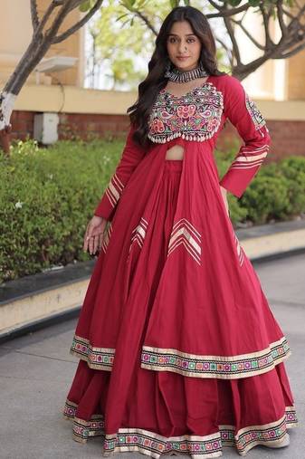 Kora Cotton Gamthi Gota Patti Mirror Work Lehenga Choli with Full Sleeves Shrug For Women - free size