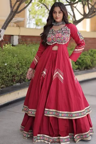 Kora Cotton Gamthi Gota Patti Mirror Work Lehenga Choli with Full Sleeves Shrug For Women - free size