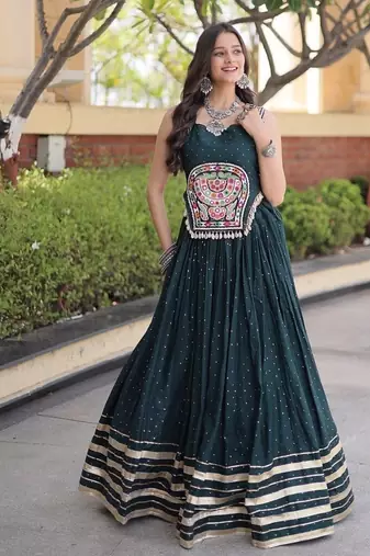 rayon Work Lehenga Choli with Gamthi Mirror Work & Patti Lace Full Stitched Wedding Wear Lehenga Set - free size
