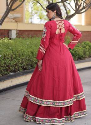 Kora Cotton Gamthi Gota Patti Mirror Work Lehenga Choli with Full Sleeves Shrug For Women - free size 2