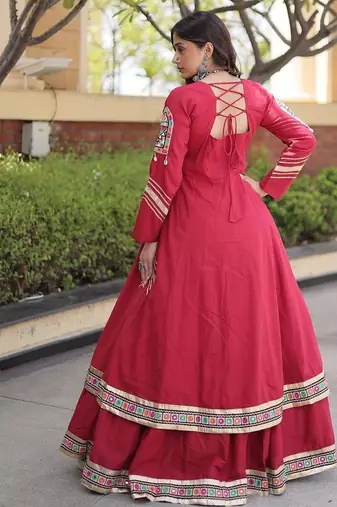 Kora Cotton Gamthi Gota Patti Mirror Work Lehenga Choli with Full Sleeves Shrug For Women - free size