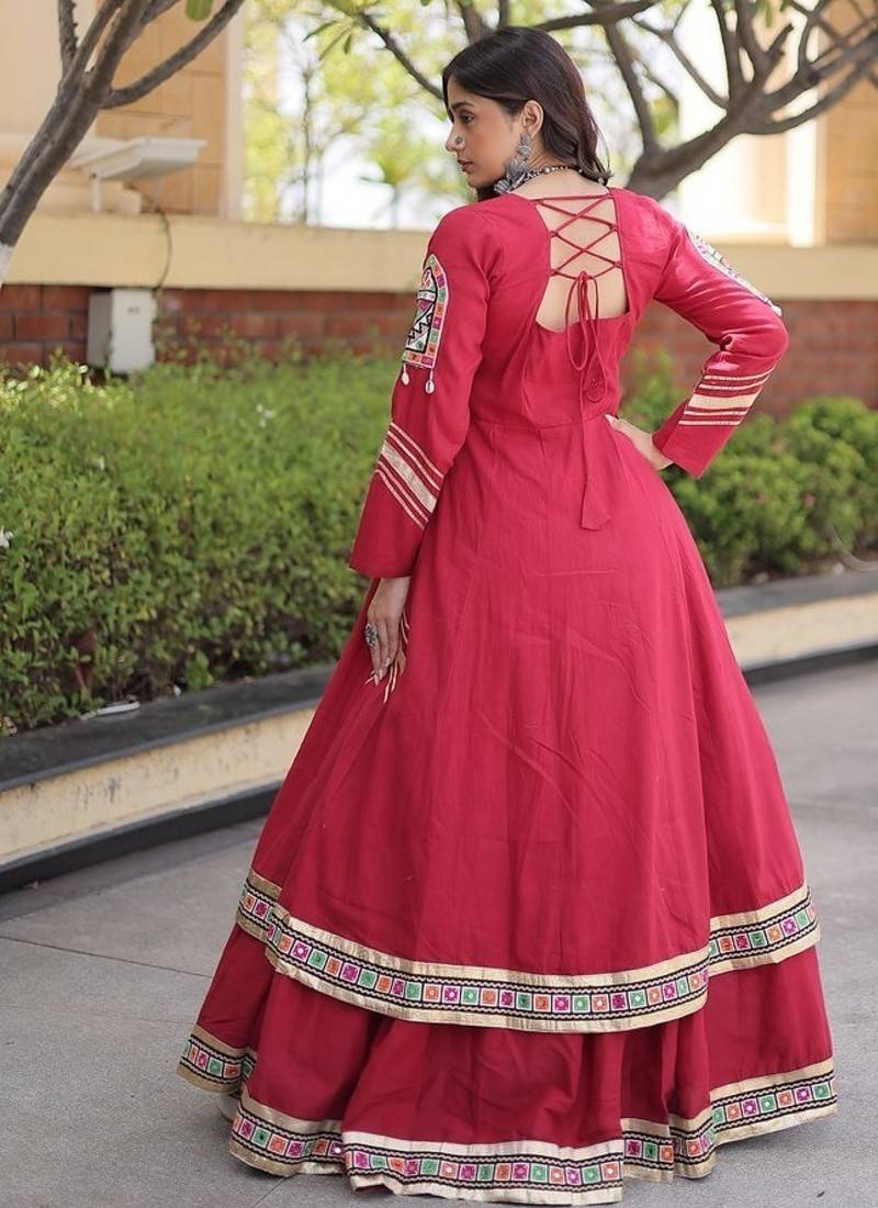Kora Cotton Gamthi Gota Patti Mirror Work Lehenga Choli with Full Sleeves Shrug For Women - free size