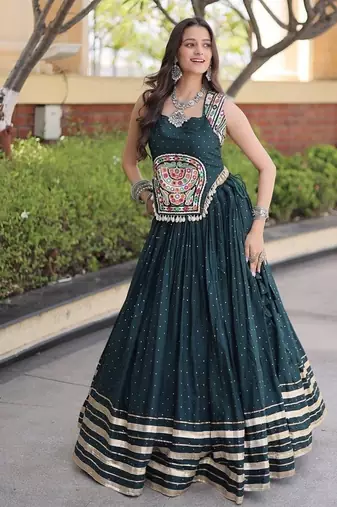rayon Work Lehenga Choli with Gamthi Mirror Work & Patti Lace Full Stitched Wedding Wear Lehenga Set - free size