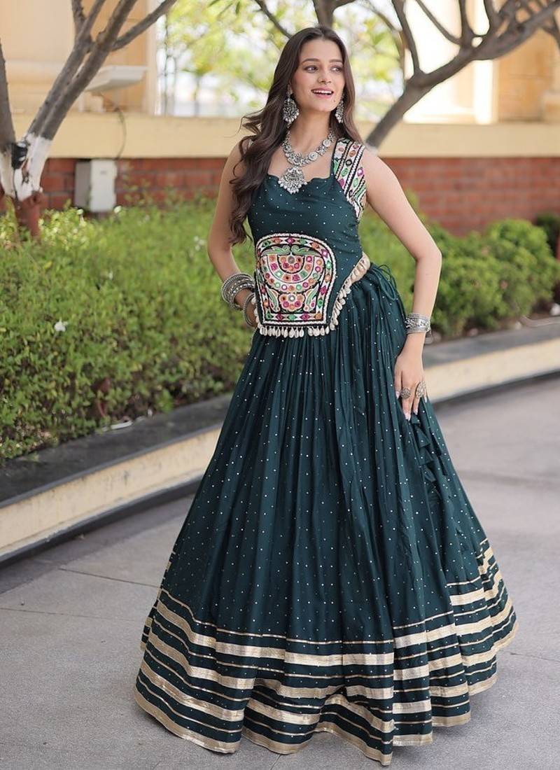 rayon Work Lehenga Choli with Gamthi Mirror Work & Patti Lace Full Stitched Wedding Wear Lehenga Set - free size
