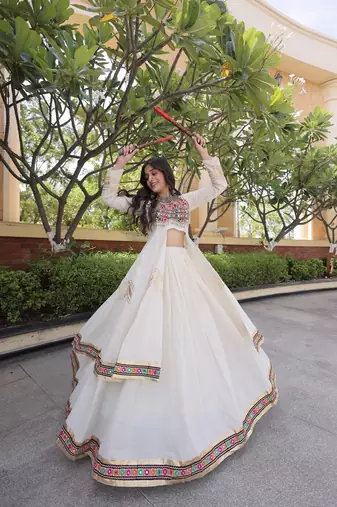 Kora Cotton Gamthi Gota Patti Mirror Work Lehenga Choli with Full Sleeves Shrug For Women - free size