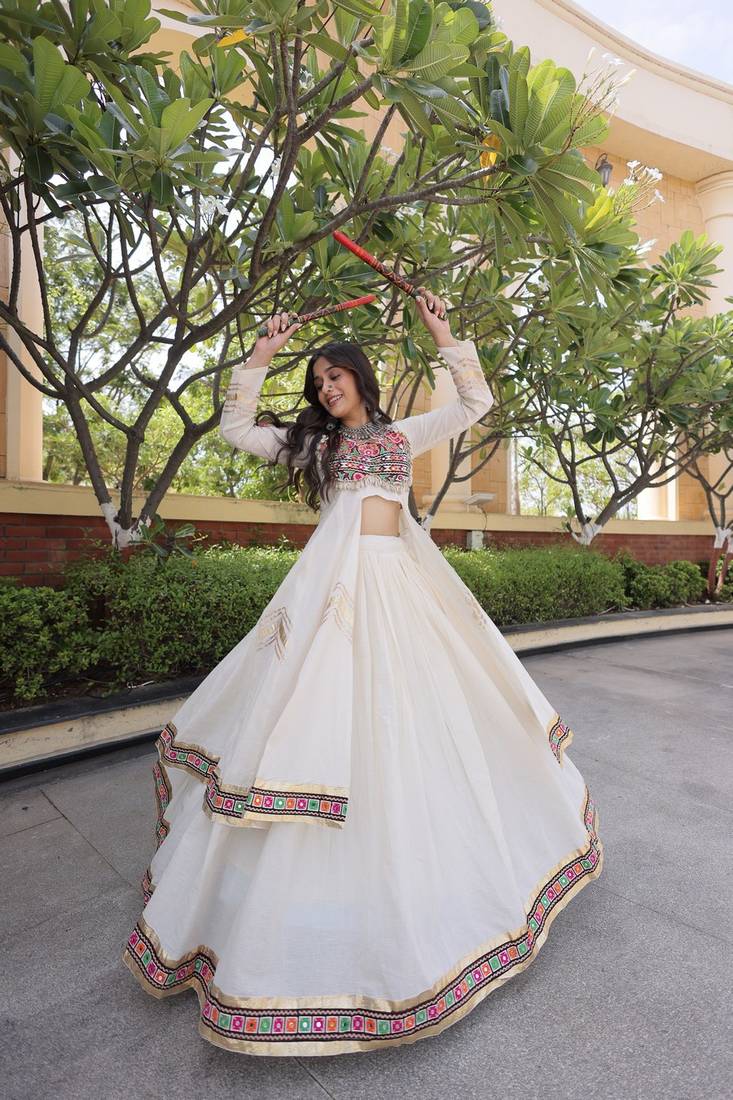 Kora Cotton Gamthi Gota Patti Mirror Work Lehenga Choli with Full Sleeves Shrug For Women - free size