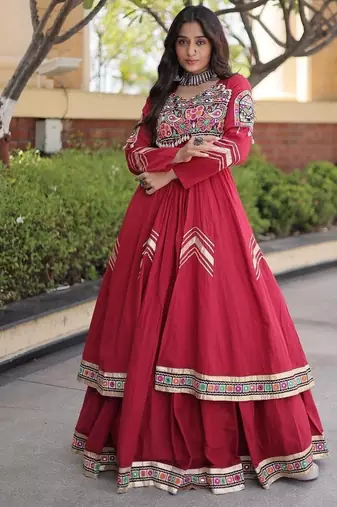 Kora Cotton Gamthi Gota Patti Mirror Work Lehenga Choli with Full Sleeves Shrug For Women - free size