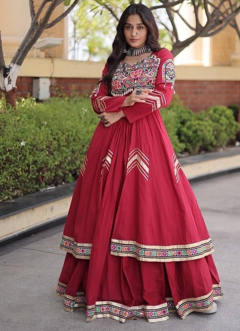 Kora Cotton Gamthi Gota Patti Mirror Work Lehenga Choli with Full Sleeves Shrug For Women - free size
