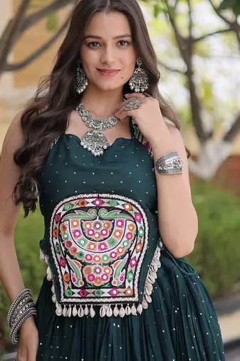rayon Work Lehenga Choli with Gamthi Mirror Work & Patti Lace Full Stitched Wedding Wear Lehenga Set - free size