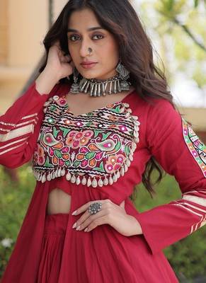 Kora Cotton Gamthi Gota Patti Mirror Work Lehenga Choli with Full Sleeves Shrug For Women - free size 4