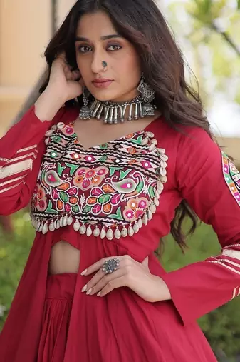 Kora Cotton Gamthi Gota Patti Mirror Work Lehenga Choli with Full Sleeves Shrug For Women - free size