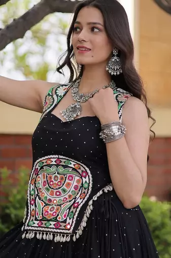 Reyon Mukesh Work Lehenga Choli with Gamthi Mirror Work & Patti Lace Full Stitched  Wedding Wear Lehenga Set