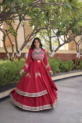 Kora Cotton Gamthi Gota Patti Mirror Work Lehenga Choli with Full Sleeves Shrug For Women - free size 5
